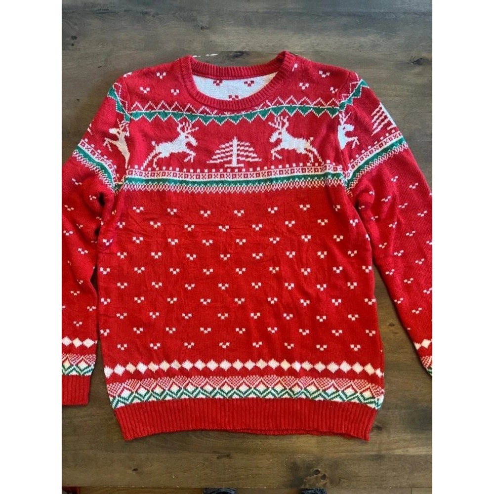 Unbranded Red Christmas Reindeer Fair Isle Knit Sweater Crew Neck Pullover